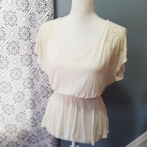 Off-White V-Neck Blouse w/ Beading on Shoulders